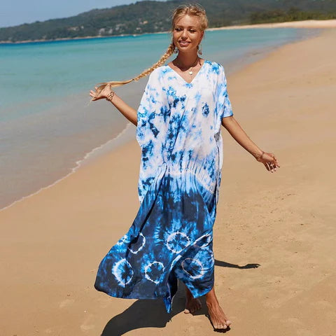White blue Tropical Resort Cotton Bamboo Maxi Dress