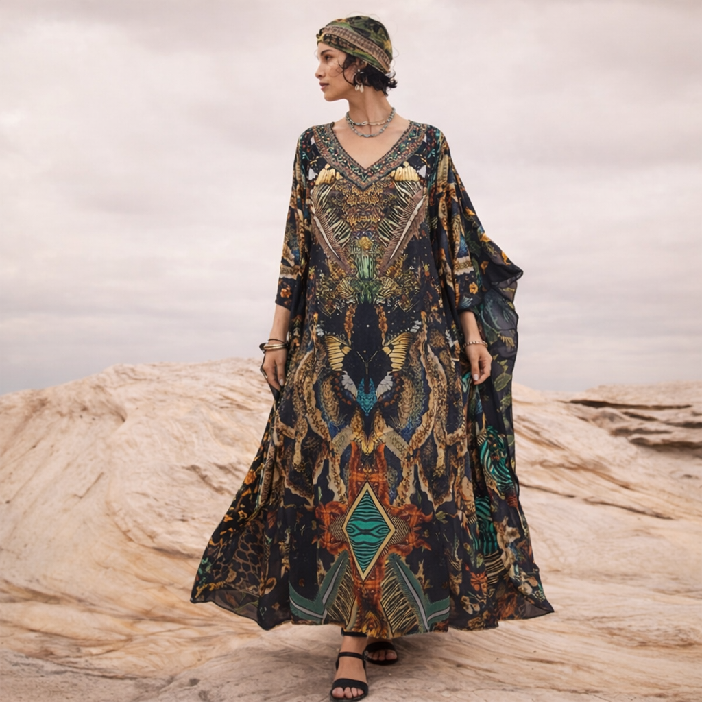 Black Brown Roylasa Maya Mix Silk Embellished Bling Kaftan.            Sizes Available AU 12-32