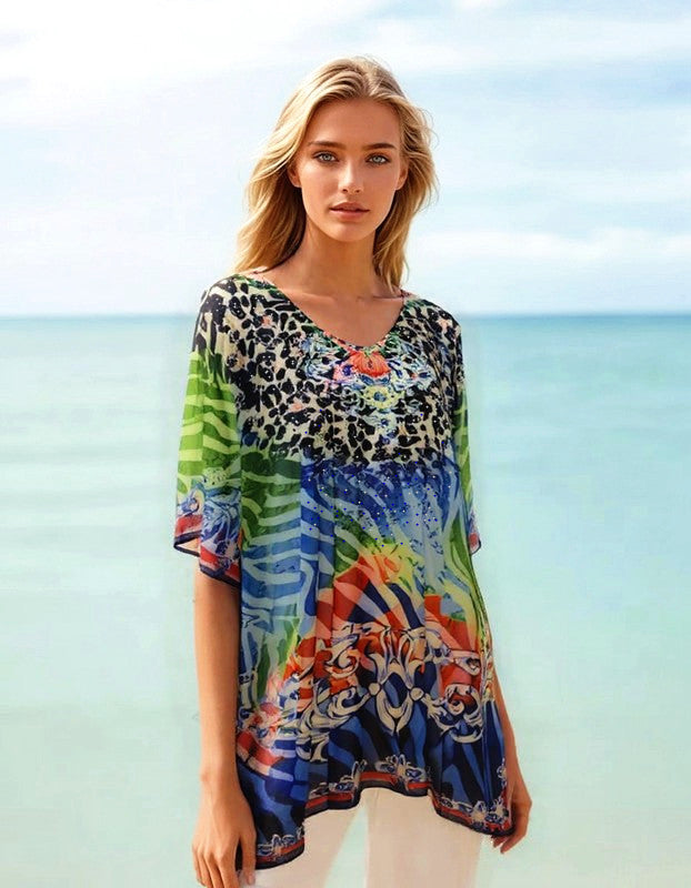 Kyra Relax Fit Bohemian Sheer Kaftan Top-One Size 10 to 22