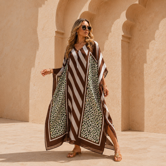 Maya Geo Brown Kaftan Dress - Sizes Available AU 12-32