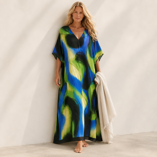 Maya Green Black Swirl Tropical Kaftan Dress - Sizes Available AU 12-32