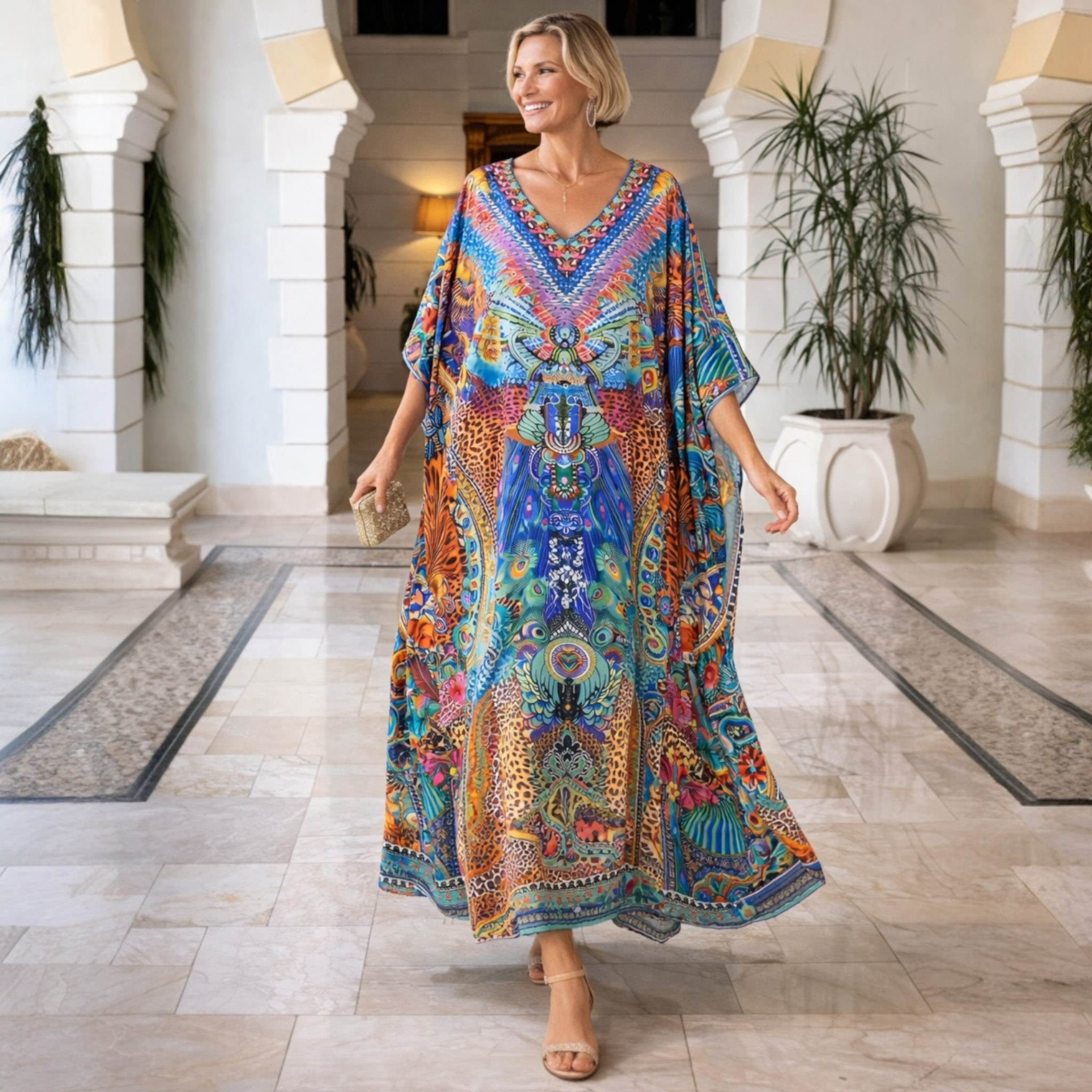 Vivado Royalty Maya Silk mix Bling Kaftan.         Sizes Available AU 12-32