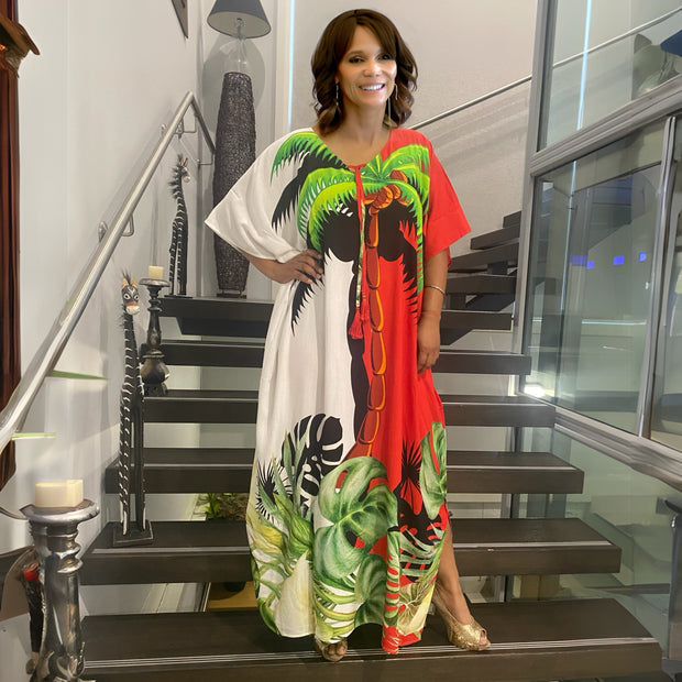 ASHA Red White Tropical  Kaftan. Sizes Available AU 8-30