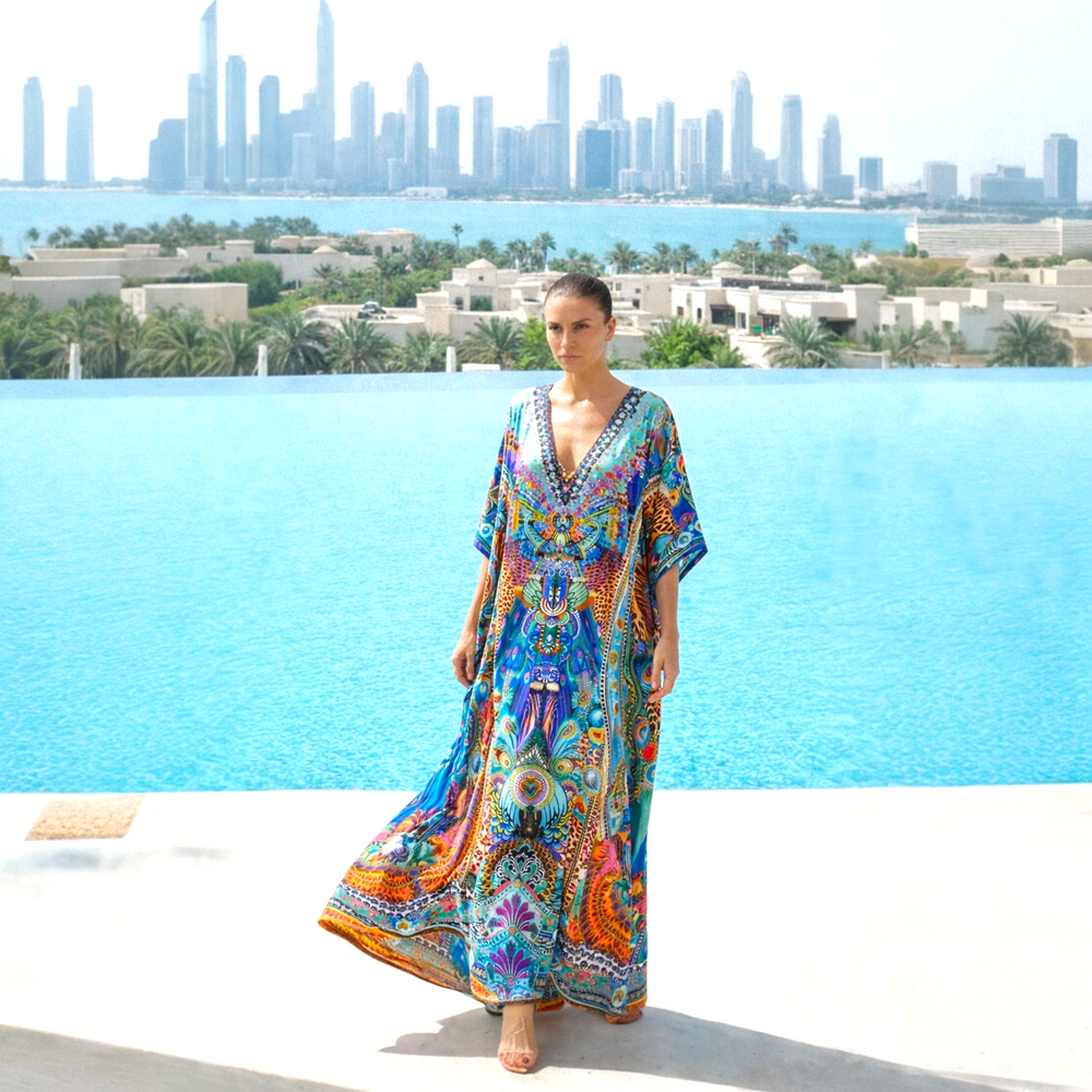 Beigta Royals Maya Silk Mix Bling Kaftan.         Sizes Available AU 14-32