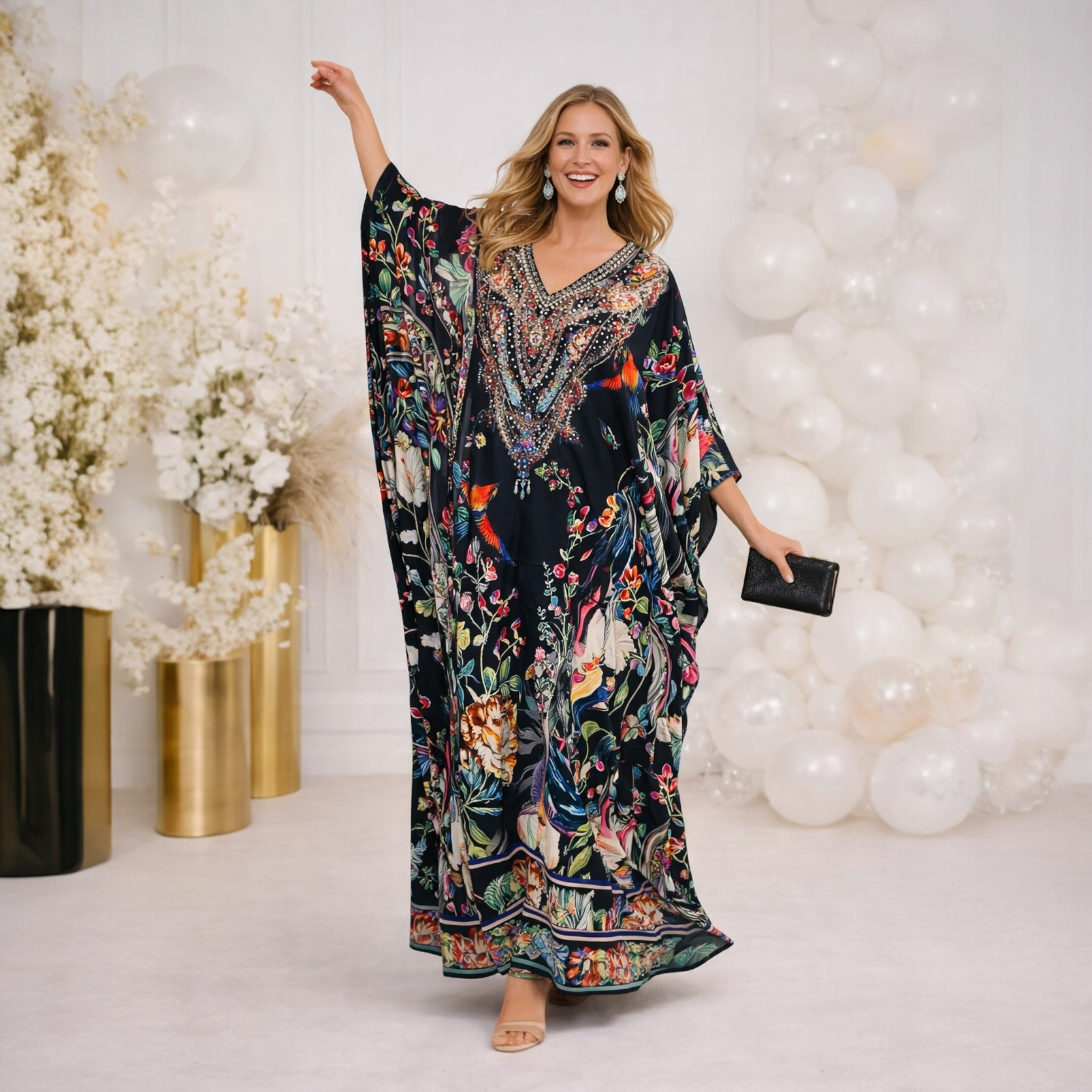 Black Maya Silk Mix Bling Kaftan.         Sizes Available AU 12-32