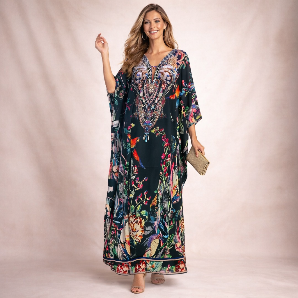 Black Maya Silk Mix Bling Kaftan.         Sizes Available AU 12-32