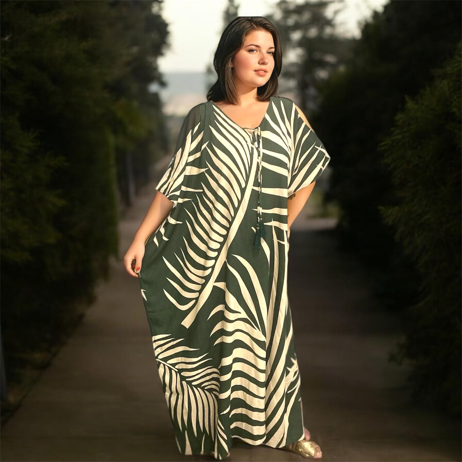 Maya Tropical Resort Cotton Bamboo Cold Shoulder Kaftan Maxi Dress