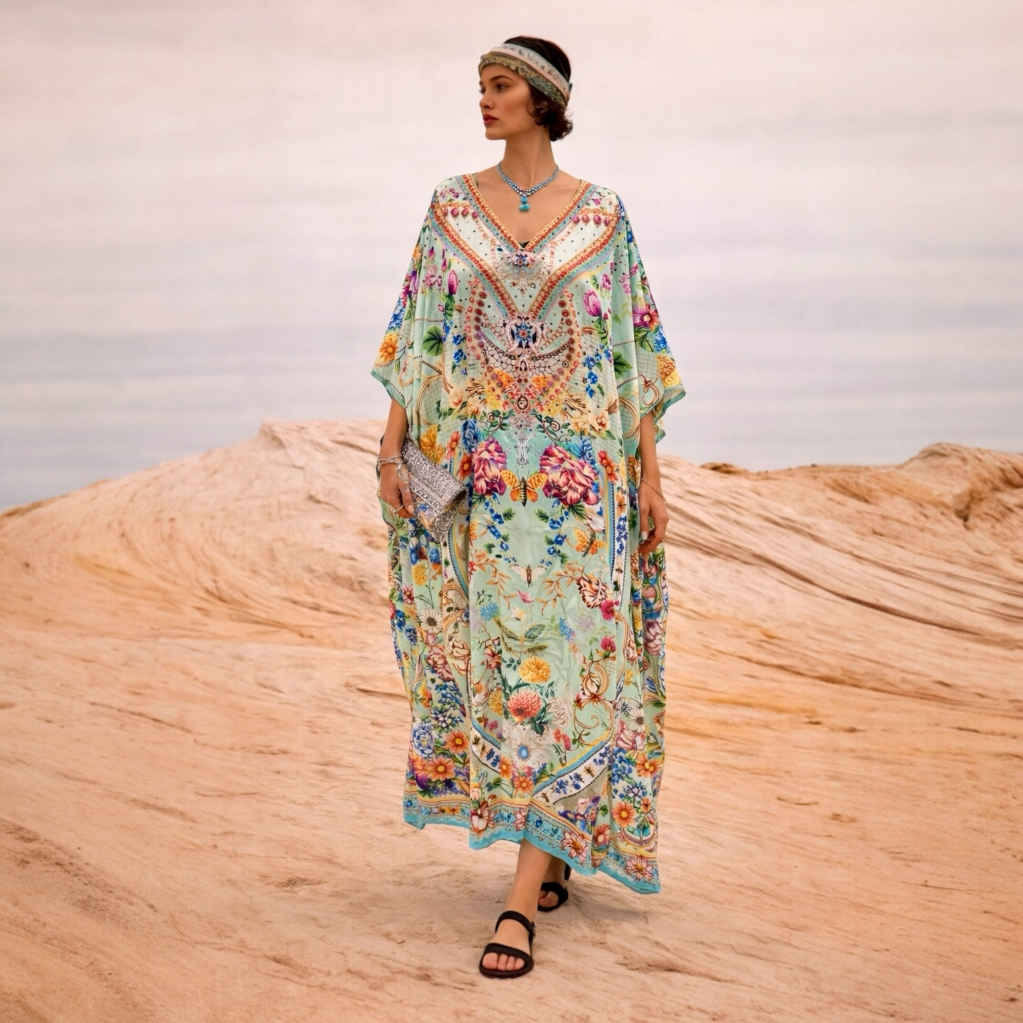 Sea Royals Maya Silk Mix Bling Kaftan.         Sizes Available AU 14-32