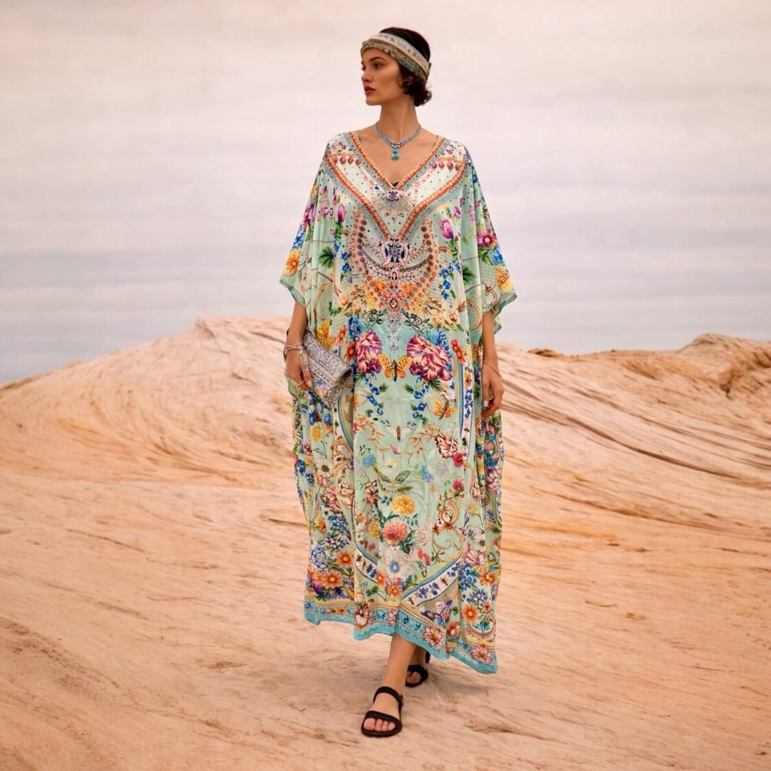 Sea Royals Maya Mix Silk Embellished Bling Kaftan.            Sizes Available AU 12-32