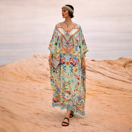 Sea Royals Maya Mix Silk Embellished Bling Kaftan.            Sizes Available AU 12-32