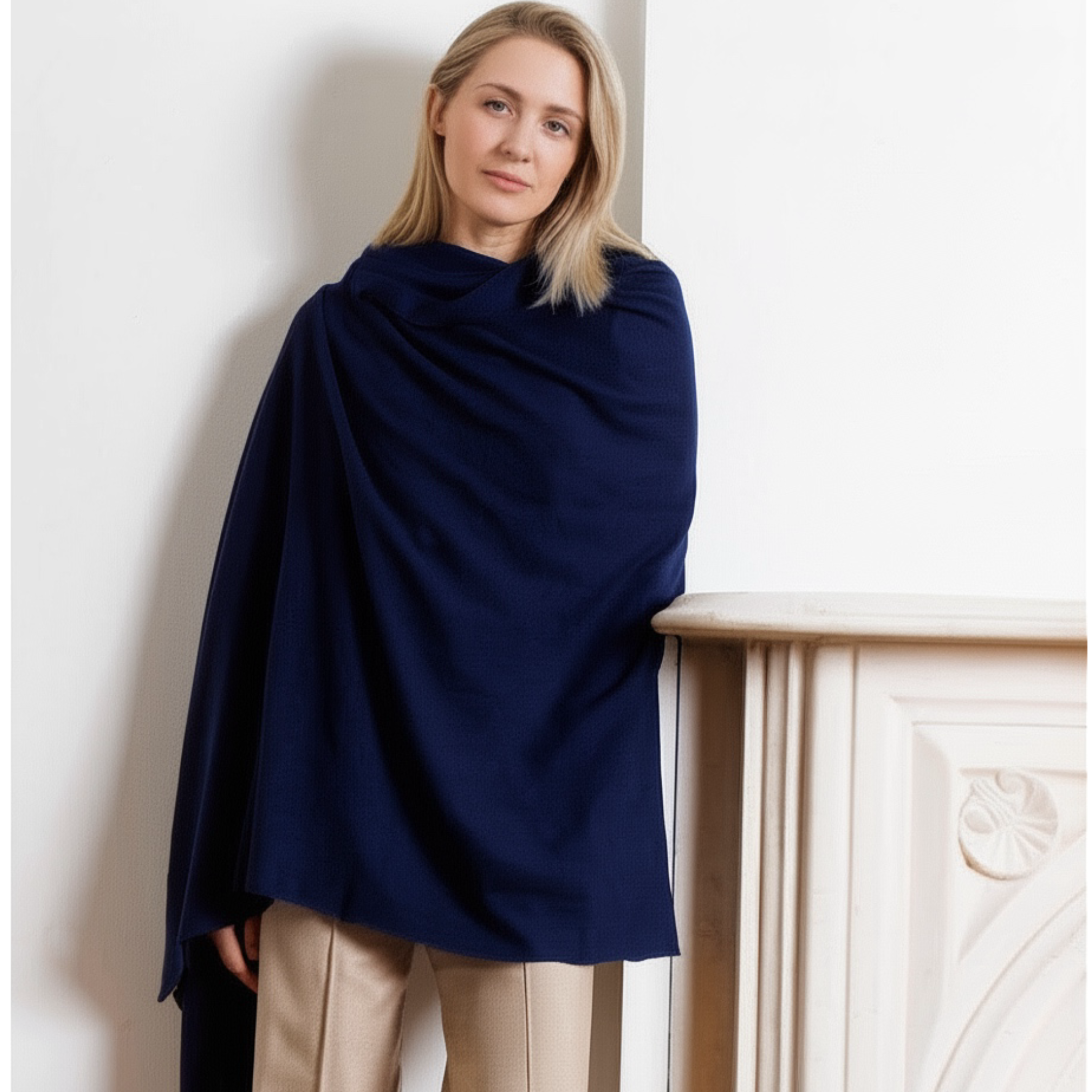 Navy Blue 100% Cashmere 2 ply Large knitted Julian Wrap/ Scarf