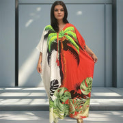 ASHA Red White Tropical  Kaftan. Sizes Available AU 8-30