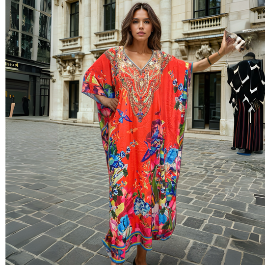 Red Maya Silk Mix Bling Kaftan.         Sizes Available AU 12-32