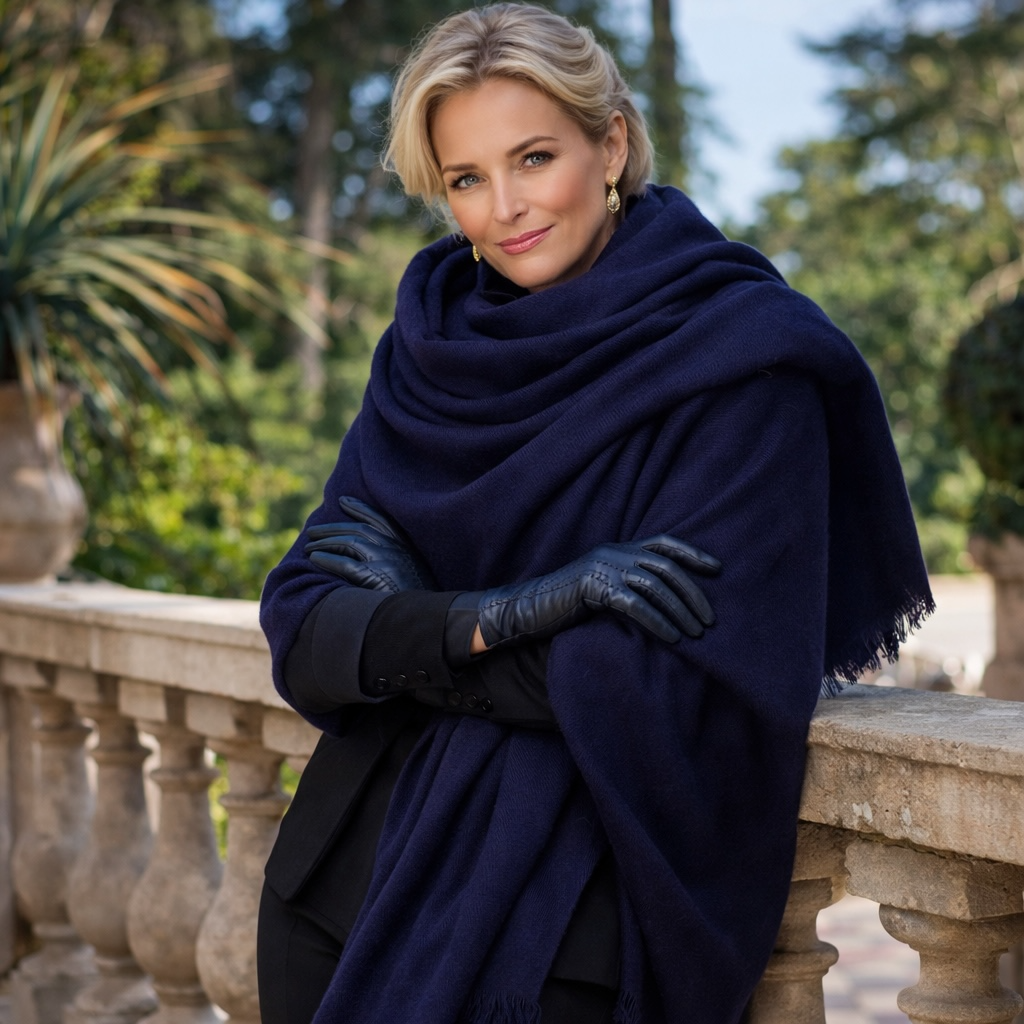 Navy Julian handwoven pure Cashmere Travel Wrap