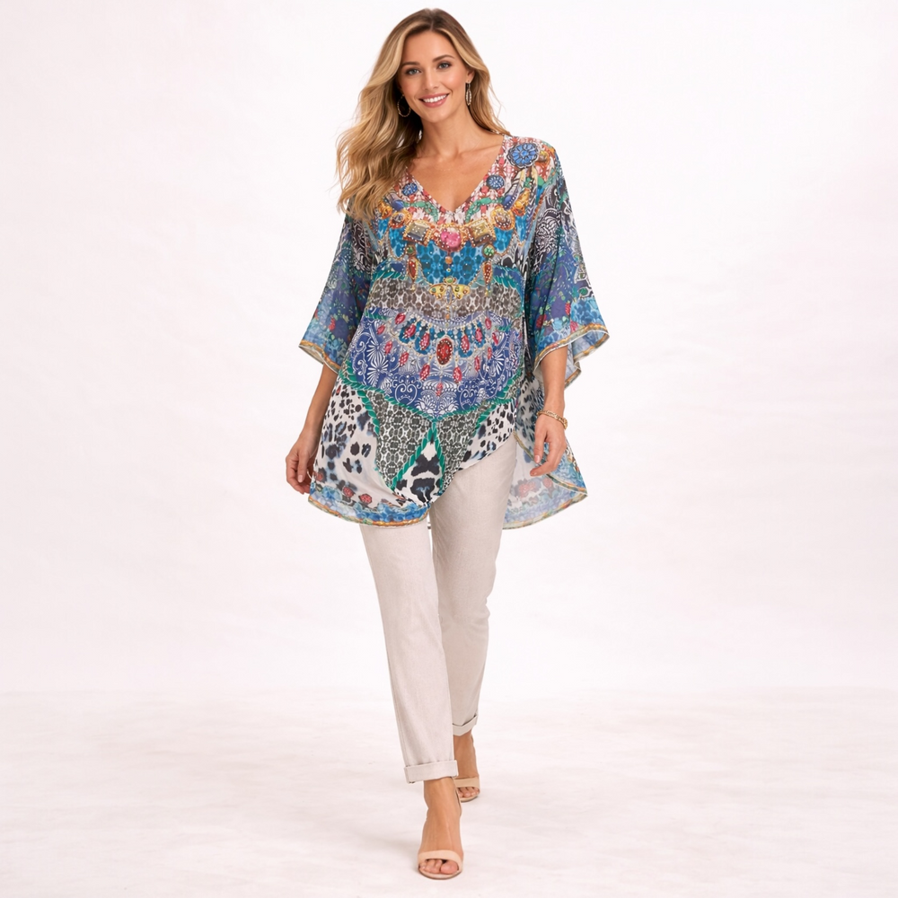 Kyra Relax Fit Bohemian Sheer Embellished  Kaftan Top One Size 8-18
