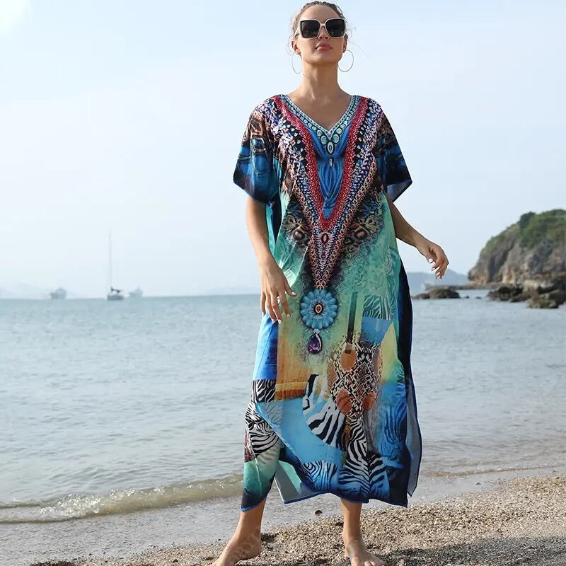 Mia Embellished Kaftan – Free Size, Mid Length Boho Glam