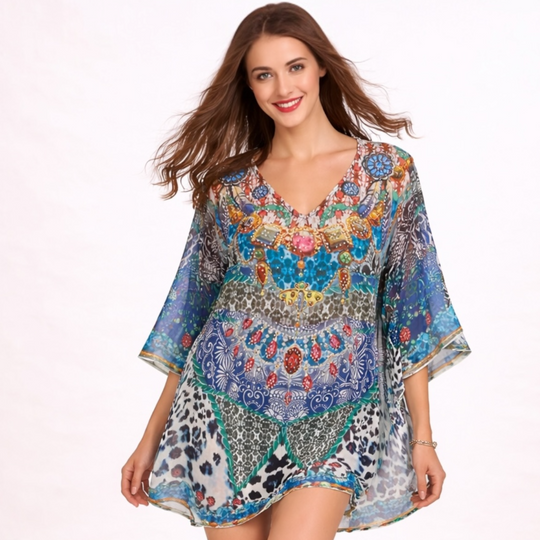 Kyra Relax Fit Bohemian Sheer Embellished  Kaftan Top One Size 8-18