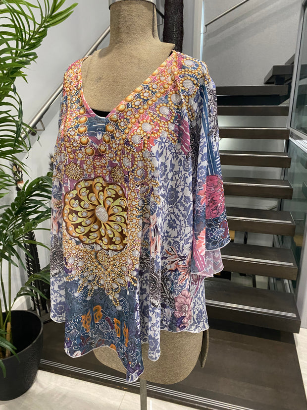 Kyra Relax Fit Bohemian Sheer Embellished  Kaftan Top One Size 14 to 20