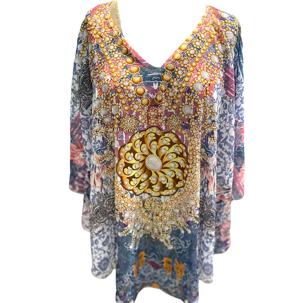 Kyra Relax Fit Bohemian Sheer Embellished  Kaftan Top One Size 14 to 20