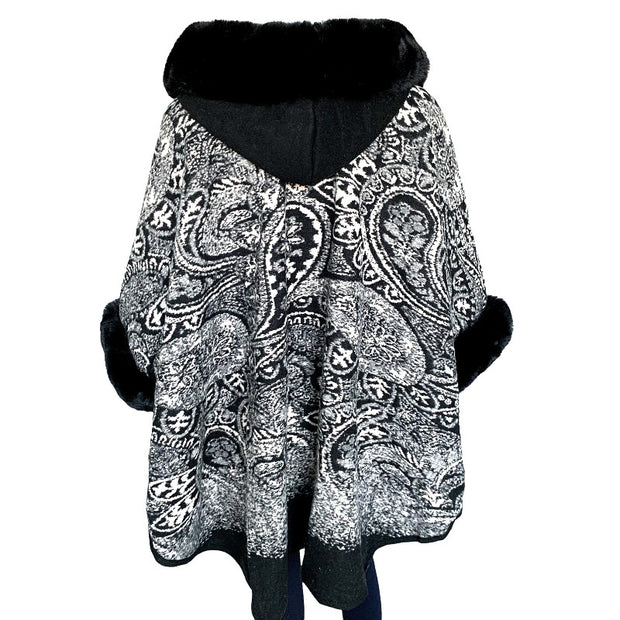 Black Hooded Poncho with Faux Fur Trim Free Size