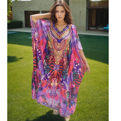 Pink Floral Maya Silk Mix Bling Kaftan.                                 Sizes Available AU 12-28