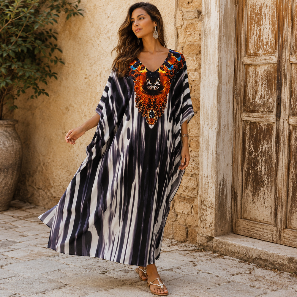 Maya Black Tropical Loose, Casual Kaftan - AU 8-20