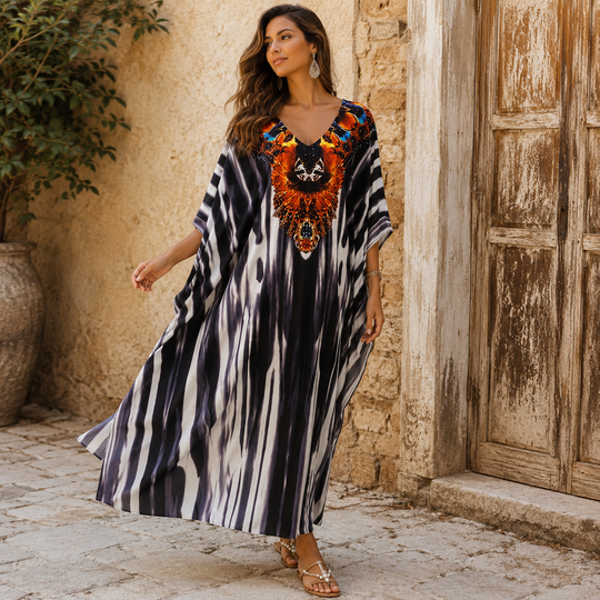Maya Black Tropical Loose, Casual Kaftan - AU 8-20