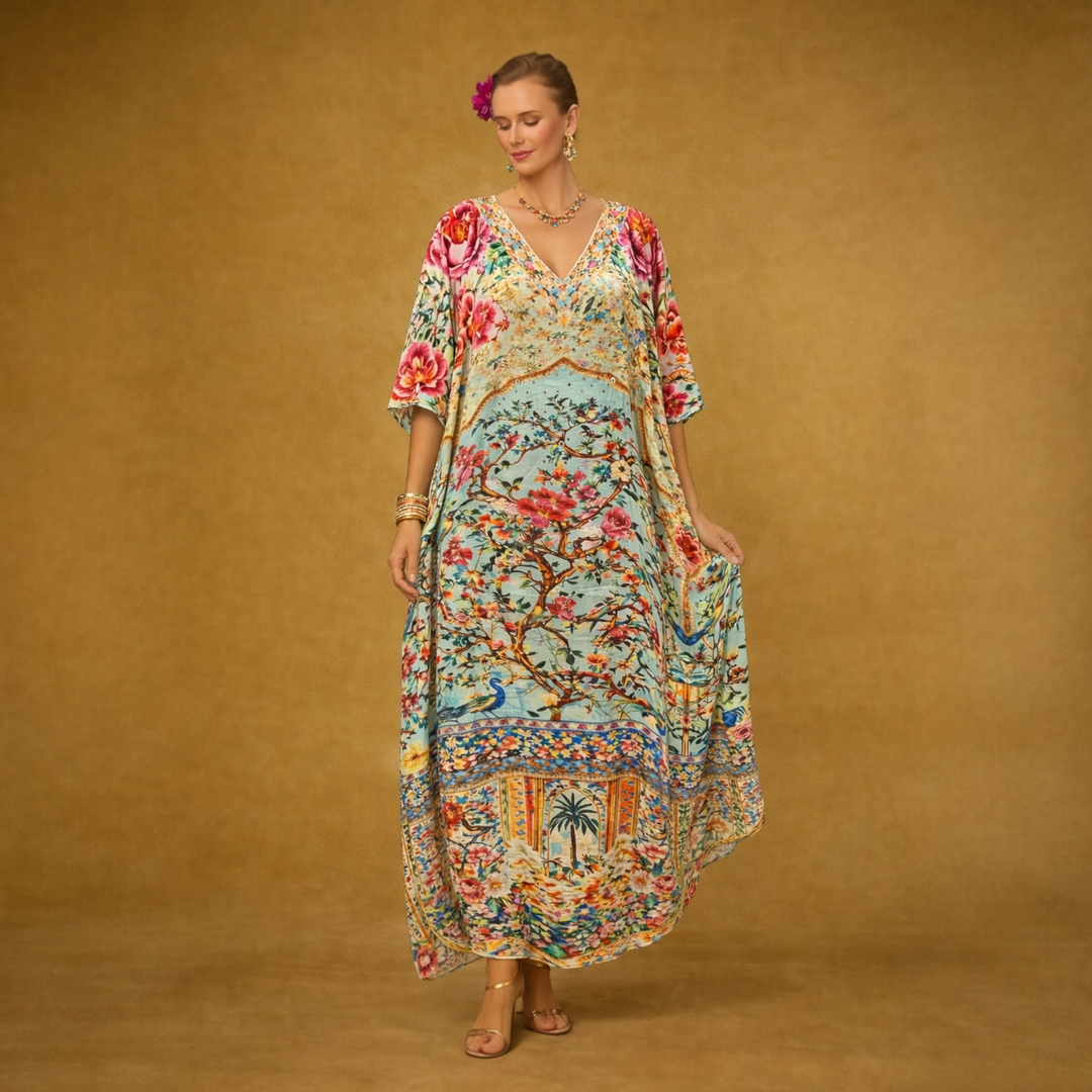 Oasis Mirage Maya Mix Silk Embellished Bling Kaftan.            Sizes Available AU 12-32