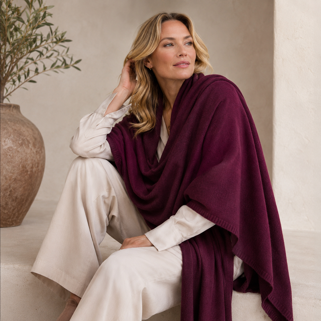 Mulberry Wine 100% Cashmere 2 ply Julian Travel Wrap/ Scarf