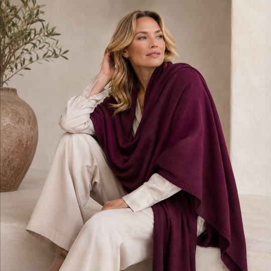 Mulberry Wine 100% Cashmere 2 ply Julian Travel Wrap/ Scarf