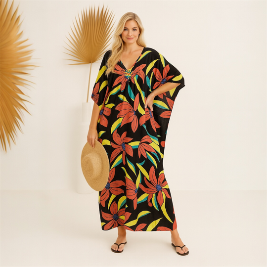 Black Tropical Resort Cotton Bamboo Kaftan-O/S AU 10-20