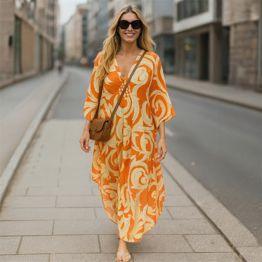 Orange Tropical Resort Cotton Bamboo Kaftan-O/S AU 10-20