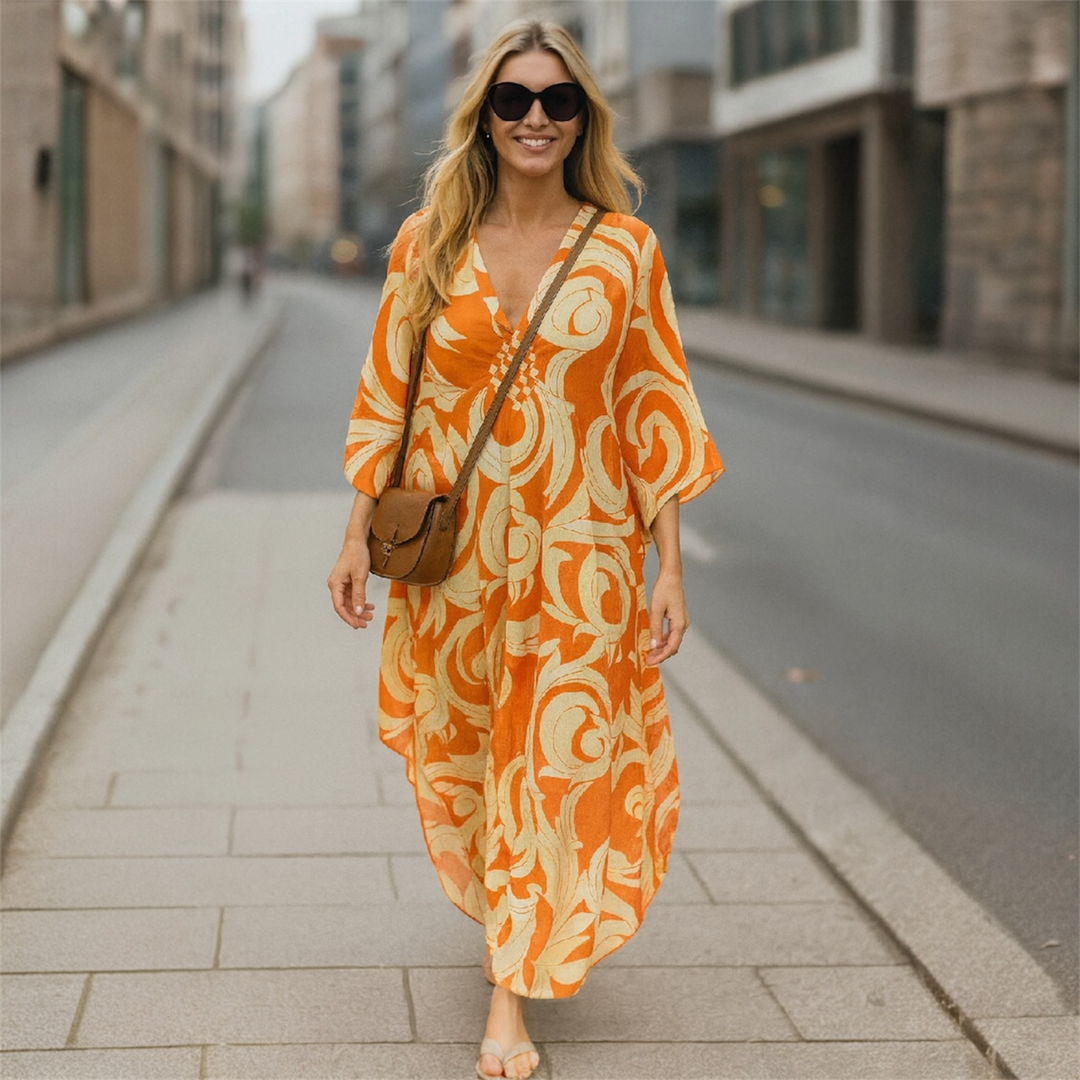 Orange Tropical Resort Cotton Bamboo Kaftan-O/S AU 10-20