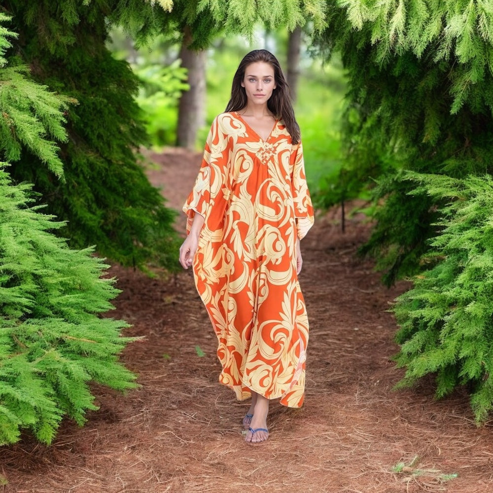 Orange Tropical Resort Cotton Bamboo Kaftan-O/S AU 10-20