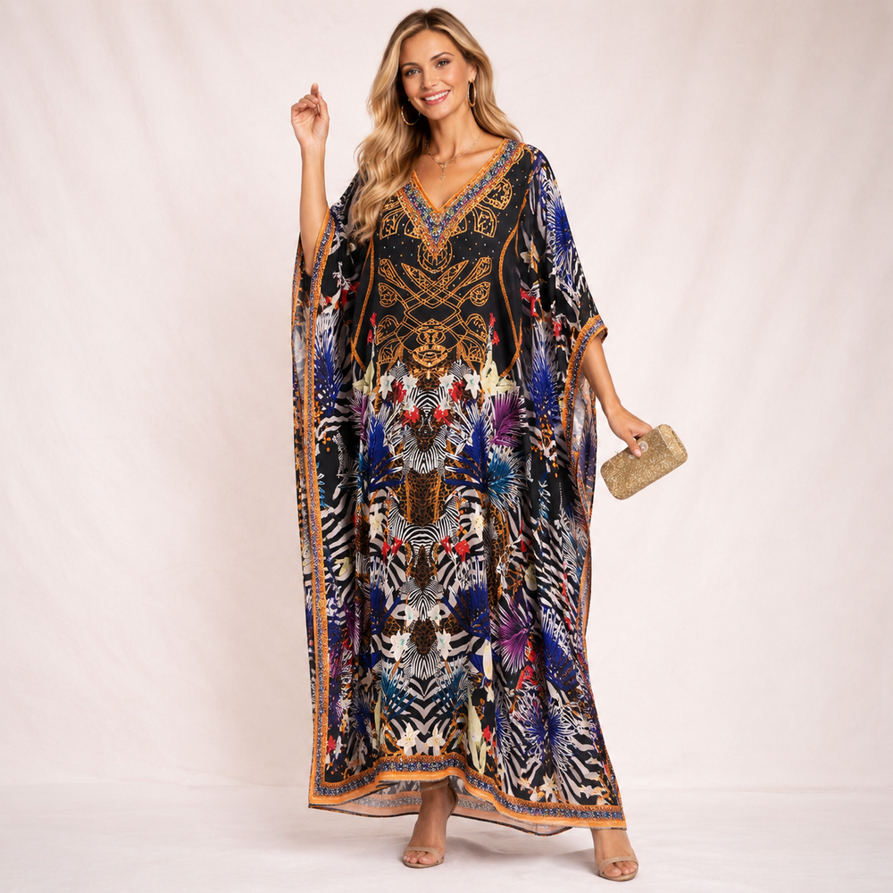 Black Maya Mix Silk Embellished Bling Kaftan.            Sizes Available AU 12-32