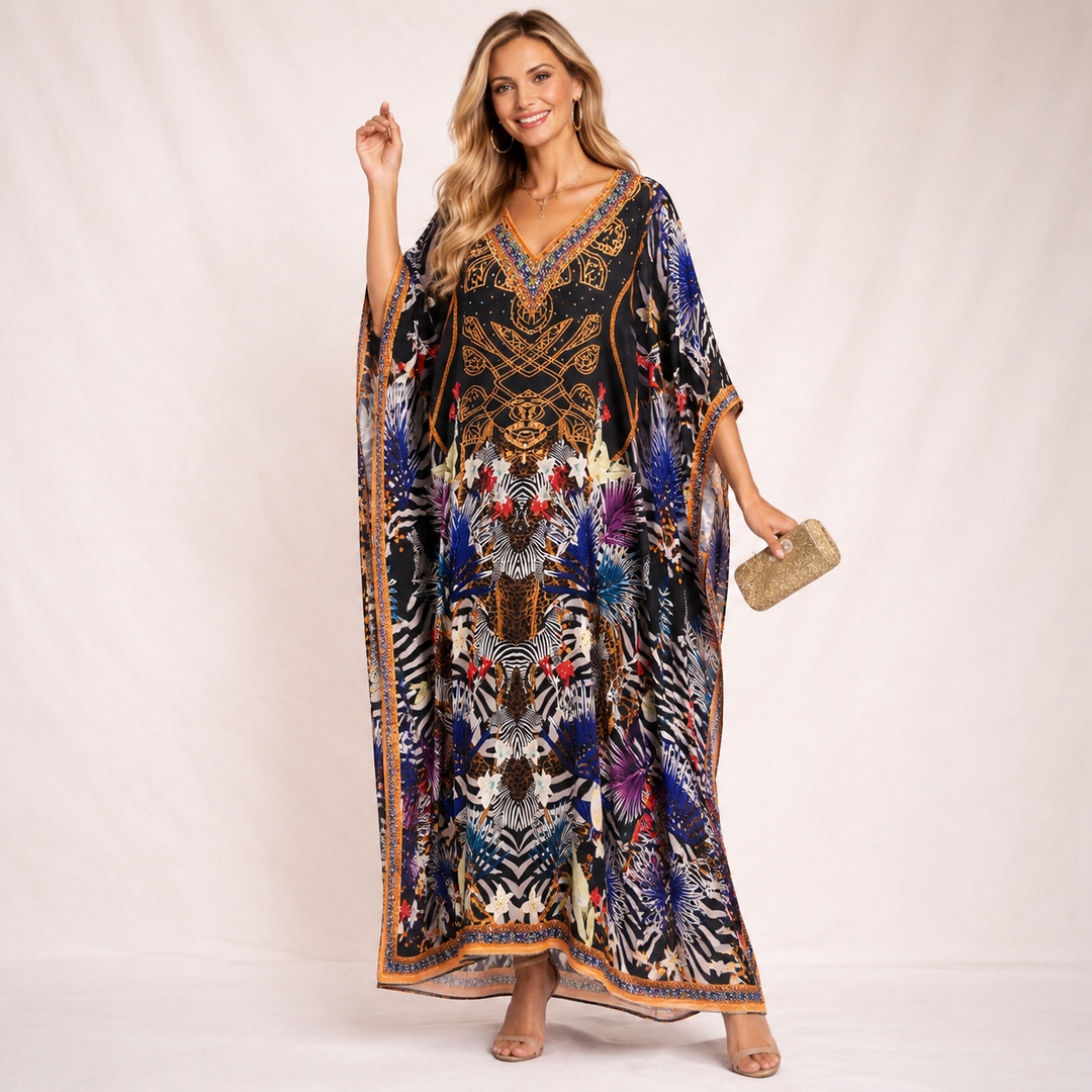 Black Maya Mix Silk Embellished Bling Kaftan.            Sizes Available AU 12-32