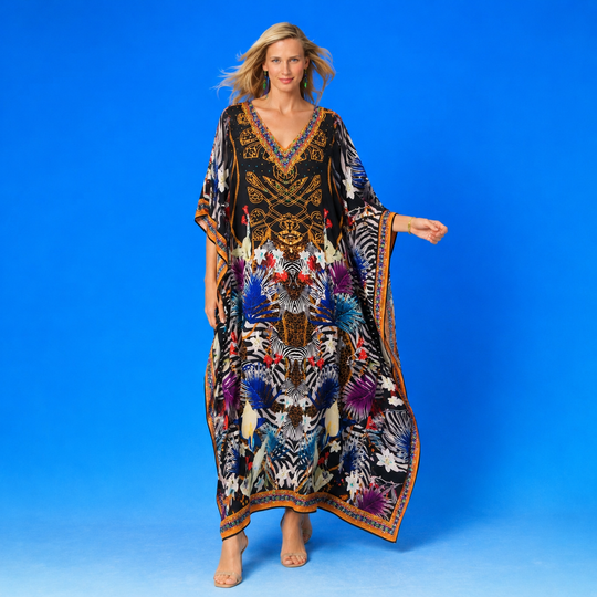Black Maya Mix Silk Embellished Bling Kaftan.            Sizes Available AU 12-32