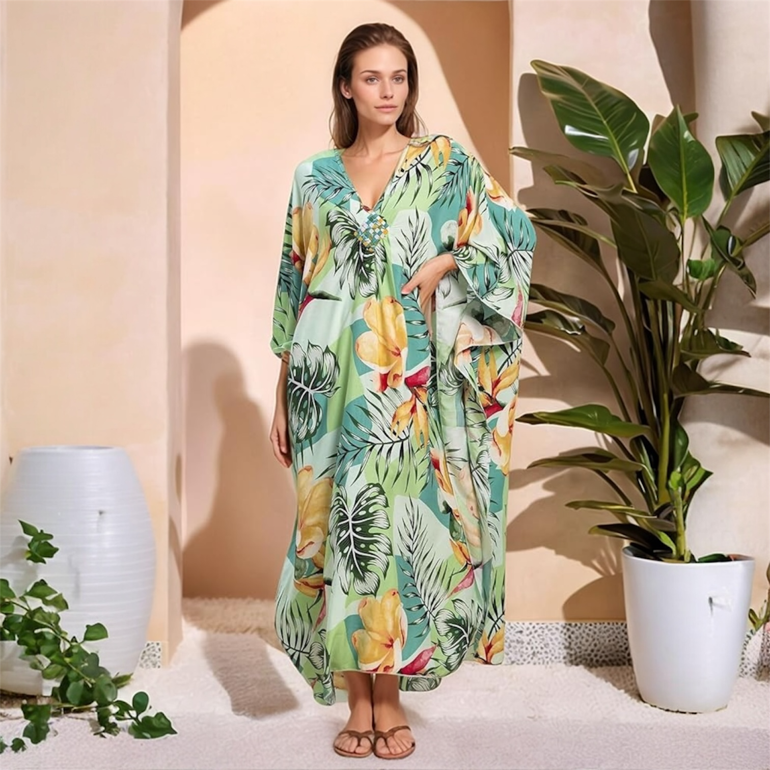 Tropical Resort Cotton Bamboo Kaftan-O/S AU 10-20