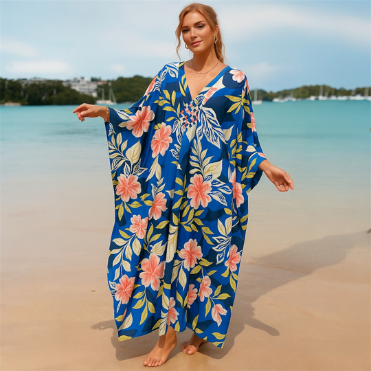 Black Tropical Resort Cotton Bamboo Kaftan-O/S AU 10-20