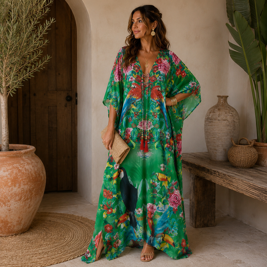 Coco Bella  Luxe kaftan 12-20-    Scarlet Macaw Garden