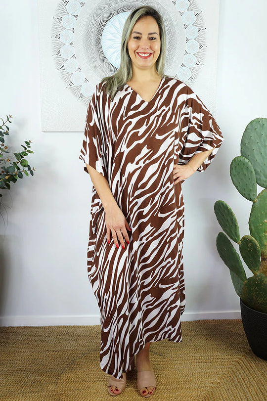 Maya Kaftan Dress One Size Fits All 16 to 26-Choco Zebra