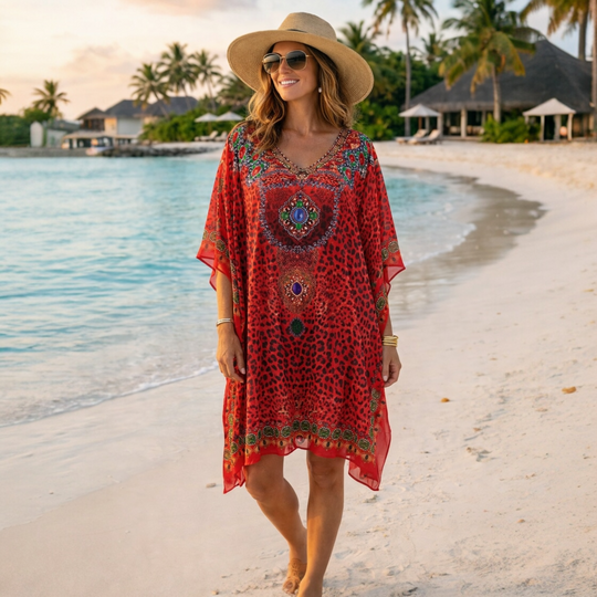 Kyra Bling Short Kaftan one size fits AU 12-20 - Safari Red