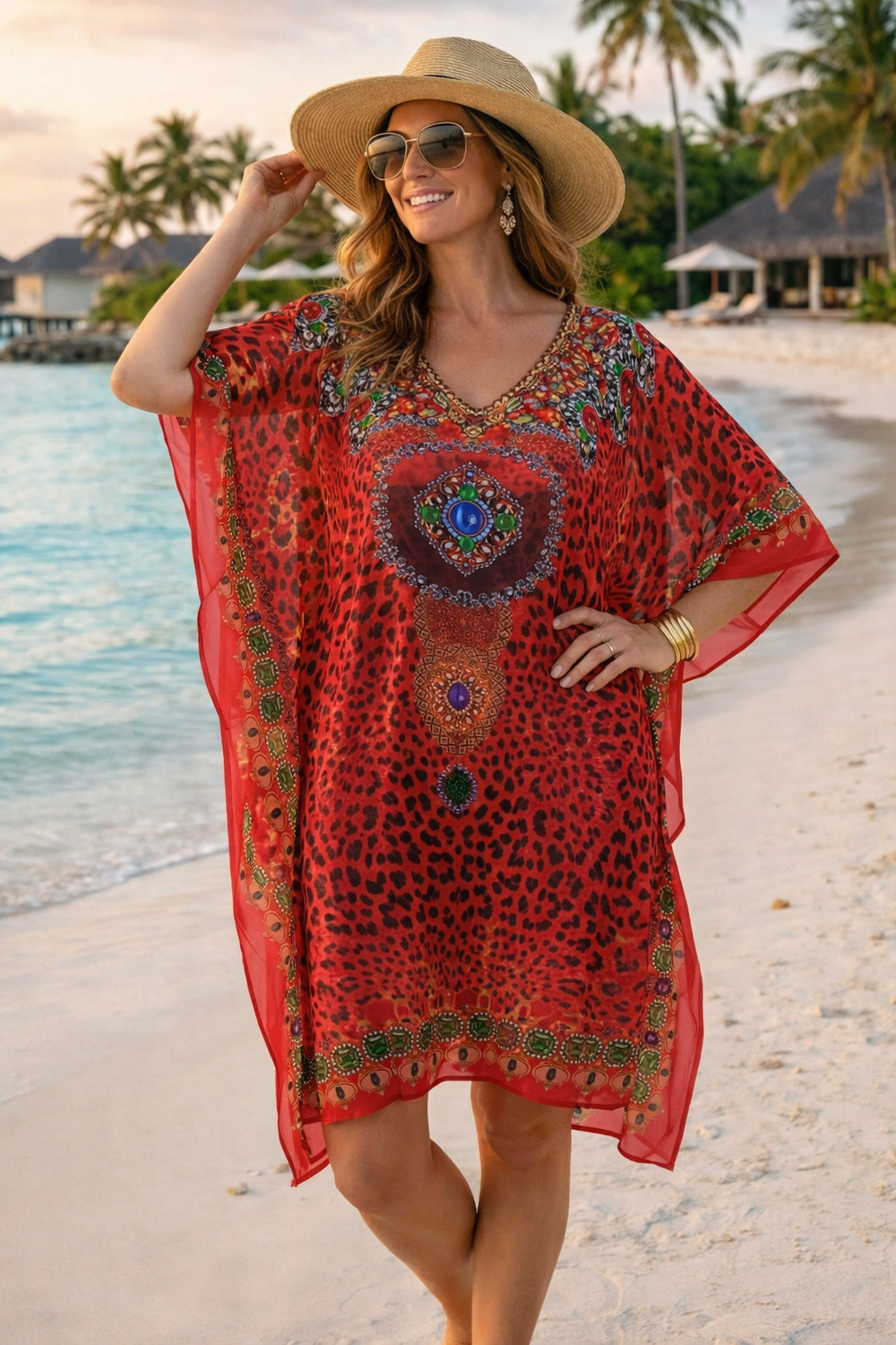 Kyra Bling Short Kaftan one size fits AU 12-20 - Safari Red