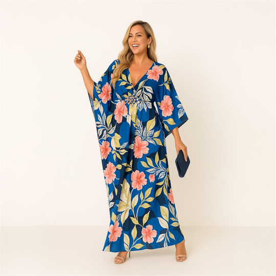 Black Tropical Resort Cotton Bamboo Kaftan-O/S AU 10-20