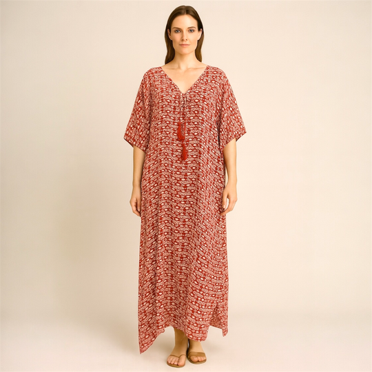 Red Maya Cotton Rayon kaftan - Sizes Available AU 14-30