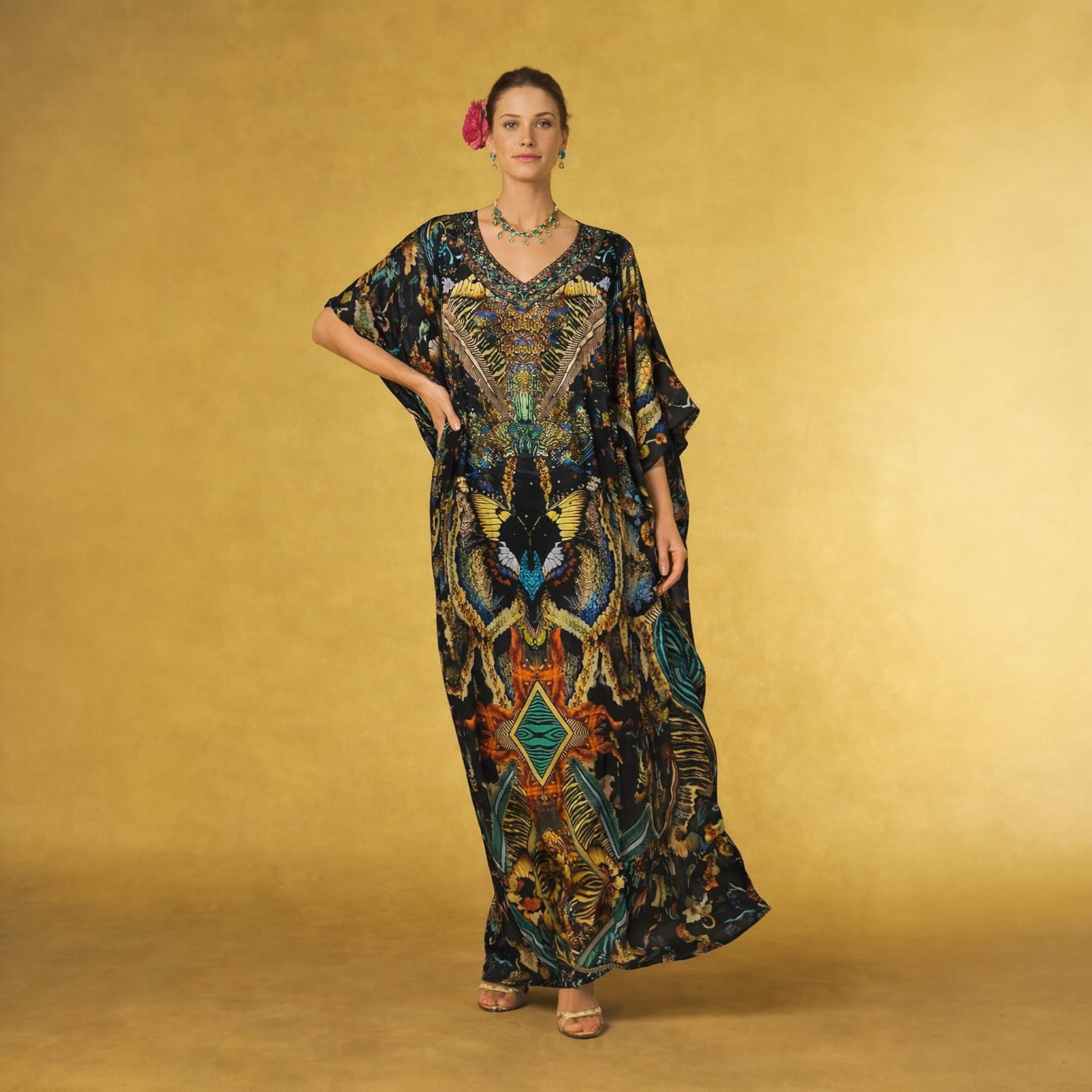 Black Brown Roylasa Maya Mix Silk Embellished Bling Kaftan.            Sizes Available AU 12-32