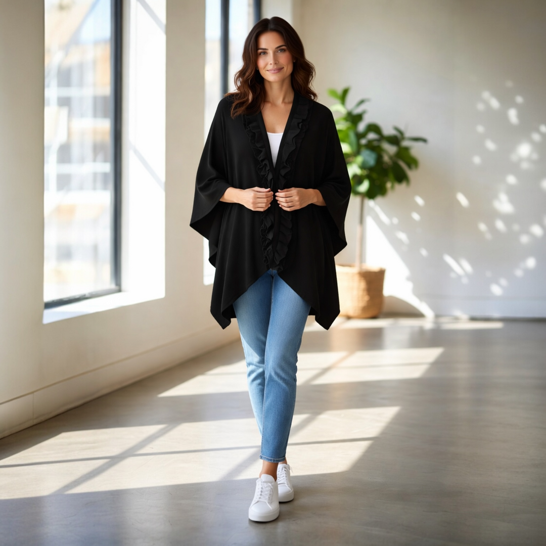 Black O/S Cape with Ruffle Trim