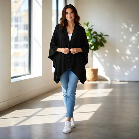Black O/S Cape with Ruffle Trim