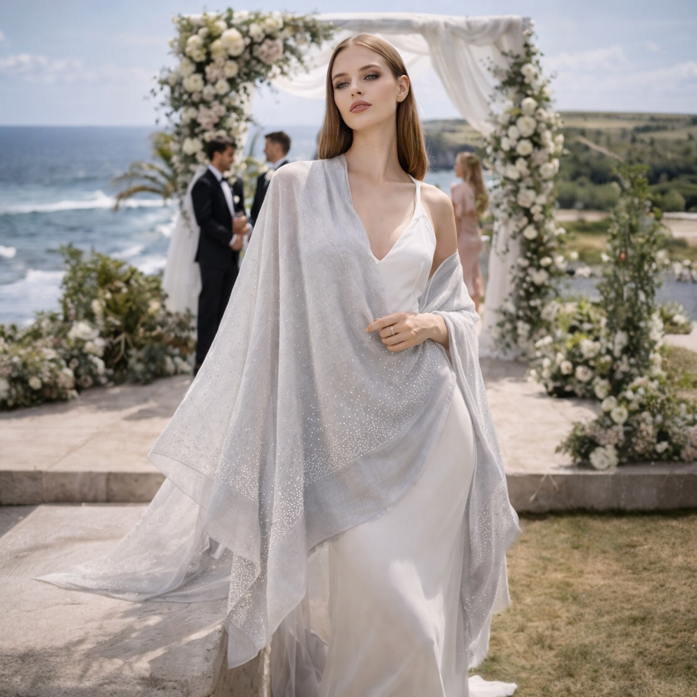 Pearl Grey Julian Cashmere Pashmina Swarovski Crystals Handwoven Wedding Wrap Shawl