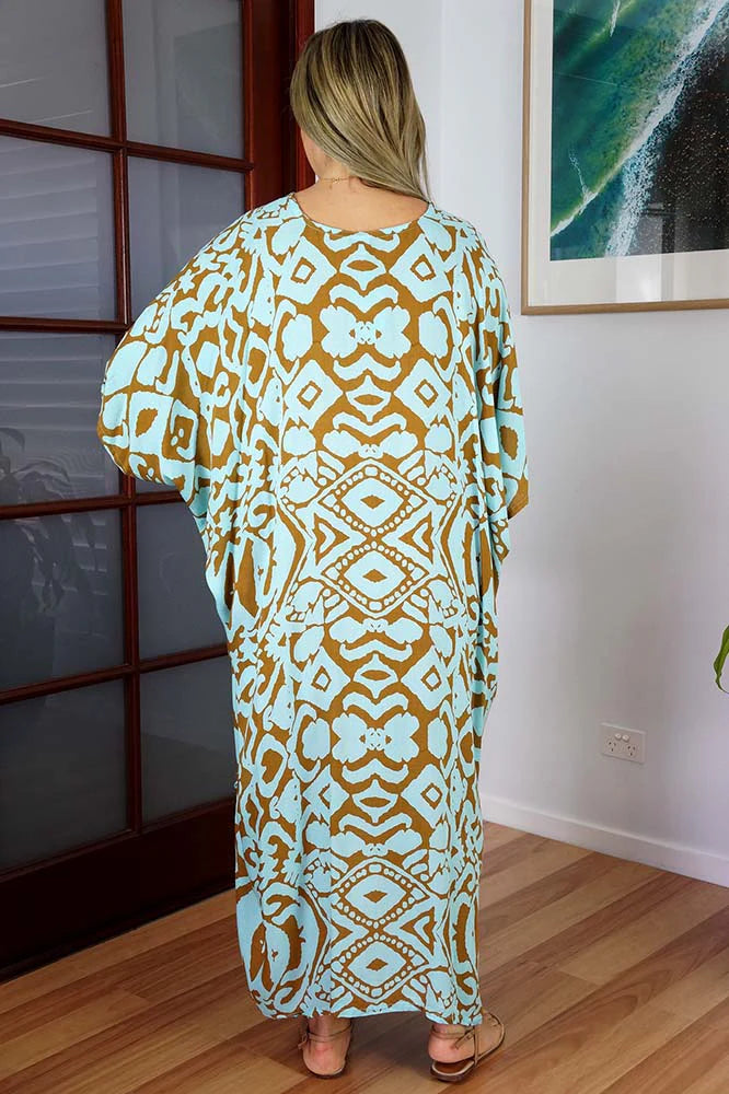 Turquoise Plus Size Rayon Maya Kaftan Dress One Size Fits All 16 to 26